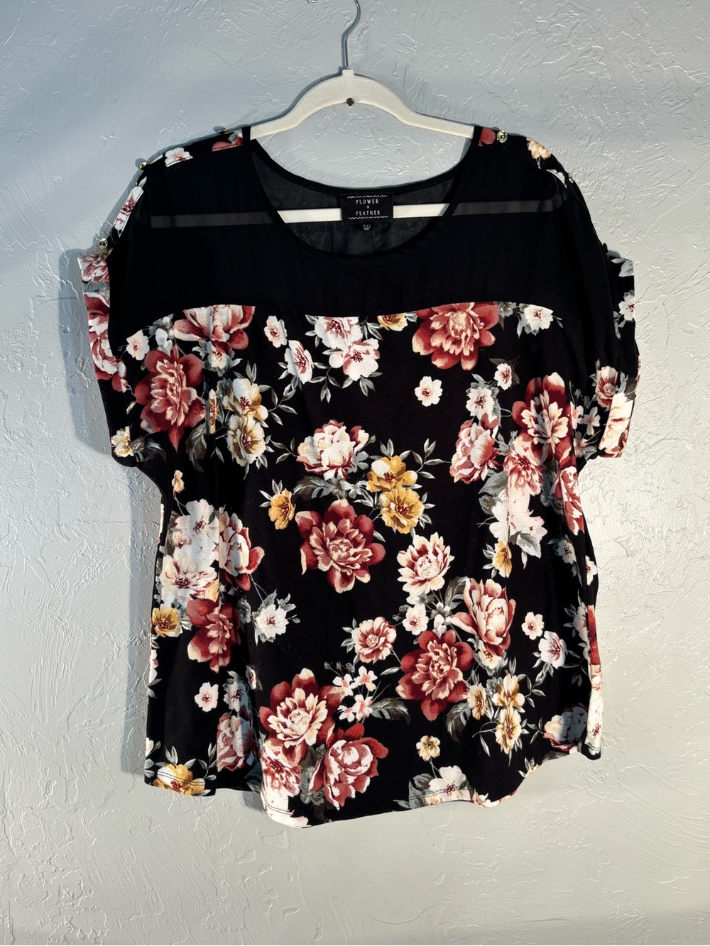 Floral Short Sleeve Blouse in Black with Burgundy & Mustard - North & Sky